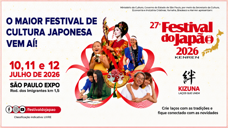 Arte promocional do Festival do Japão 2026 com imagens de participantes em trajes tradicionais, famílias, atividades culturais e elementos da cultura japonesa. O cartaz destaca as datas de 10, 11 e 12 de julho de 2026, no São Paulo Expo.