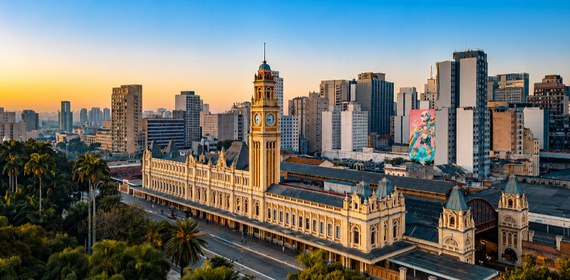 Dia do Cinema Brasileiro: vista da Estação da Luz, um dos marcos históricos de São Paulo. A imagem mostra o edifício de arquitetura ferroviária com torre do relógio, cercado por áreas verdes e pela paisagem urbana da região central da capital paulista.