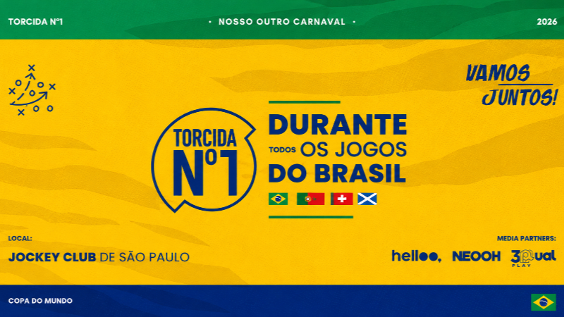 Arte promocional da Torcida Nº1 com fundo amarelo e detalhes em verde e azul. A imagem destaca a transmissão dos jogos do Brasil durante a Copa do Mundo 2026 no Jockey Club de São Paulo, com elementos visuais inspirados no futebol e nas cores da seleção brasileira.
