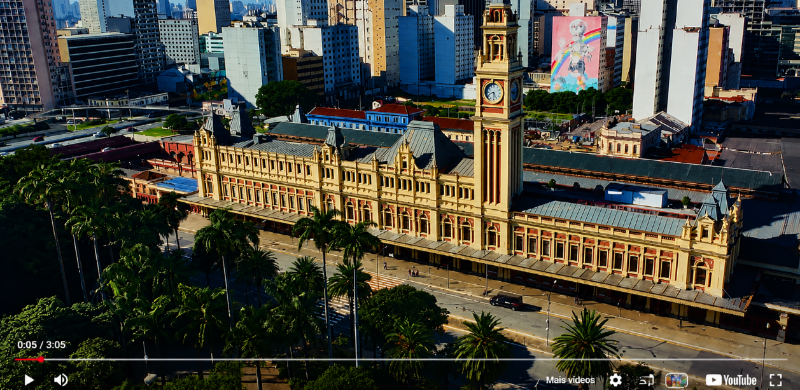 Vista aérea da Estação da Luz, um dos principais marcos históricos do Centro de São Paulo. O edifício de arquitetura clássica, com torre do relógio e fachada em tons claros, é cercado por palmeiras, avenidas e prédios altos, evidenciando o contraste entre o patrimônio histórico e a paisagem urbana da capital paulista.