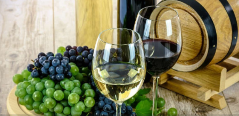 Duas taças de vinho, uma com vinho branco e outra com vinho tinto, estão sobre uma mesa de madeira ao lado de cachos de uvas verdes e roxas. Ao fundo, barris de carvalho reforçam a relação da imagem com a produção de vinhos e o enoturismo paulista.