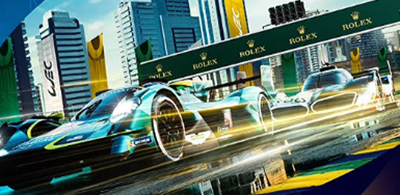 A imagem mostra dois protótipos de corrida do FIA World Endurance Championship (WEC) acelerando no Autódromo de Interlagos, com a cidade de São Paulo ao fundo e a ponte de largada com a marca Rolex.