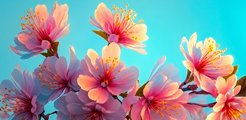 Close em um galho de cerejeira repleto de flores em tons de rosa claro e branco, iluminadas pela luz do sol. Pequenos frutos vermelhos aparecem entre os galhos, enquanto o fundo em azul-turquesa desfocado destaca as flores em primeiro plano.