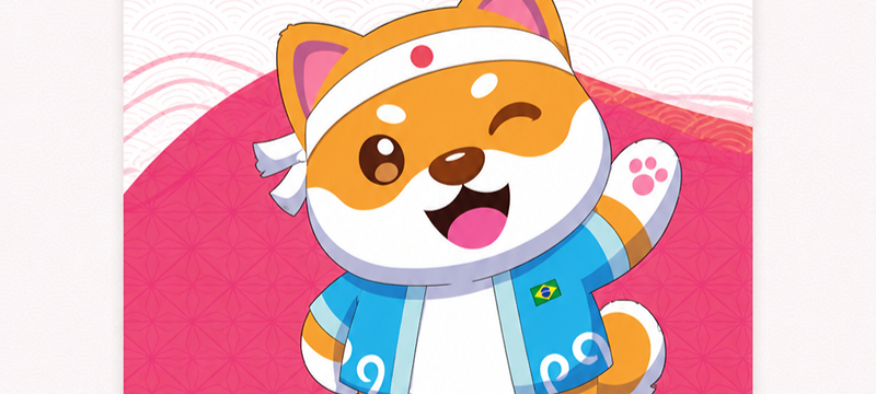 Arte do Bunka Matsuri com fundo em tons de rosa e padrões inspirados na cultura japonesa. Ao centro, um mascote em forma de cachorro, sorridente e acenando, veste faixa na cabeça e traje azul com a bandeira do Brasil.
