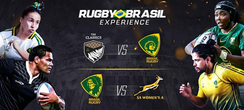 Arte do Rugby Brasil Experience, com atletas de rugby do Brasil, Nova Zelândia e África do Sul. Ao centro, são anunciados os confrontos The Classics x Brasil Rugby e Brasil Rugby x SA Women’s A, em 29 de agosto de 2026, no Mercado Livre Arena Pacaembu.